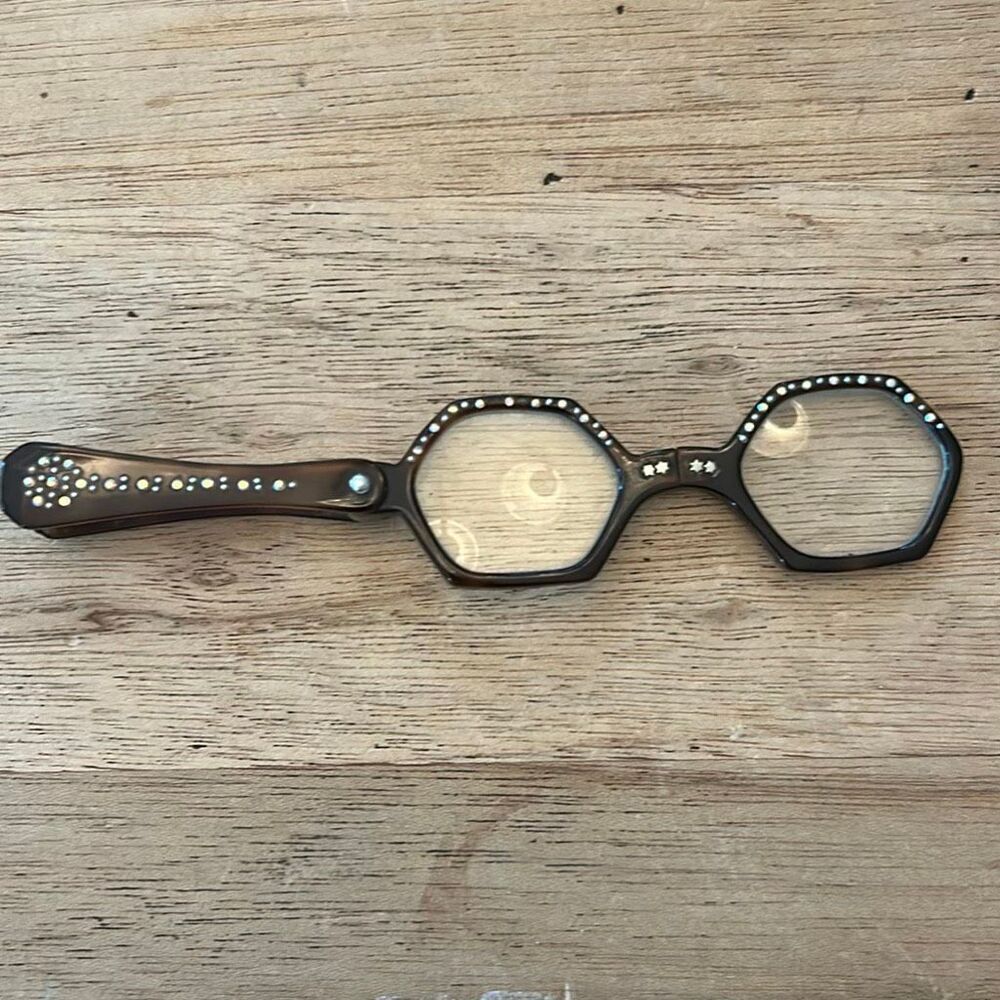 Vintage tortoise shell lucite marcasite Lorgnette folding glasses